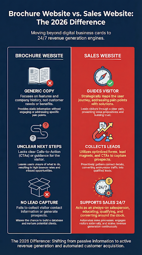 Infographic comparing the outdated brochure website model with the modern, red-highlighted sales website model for 2026
